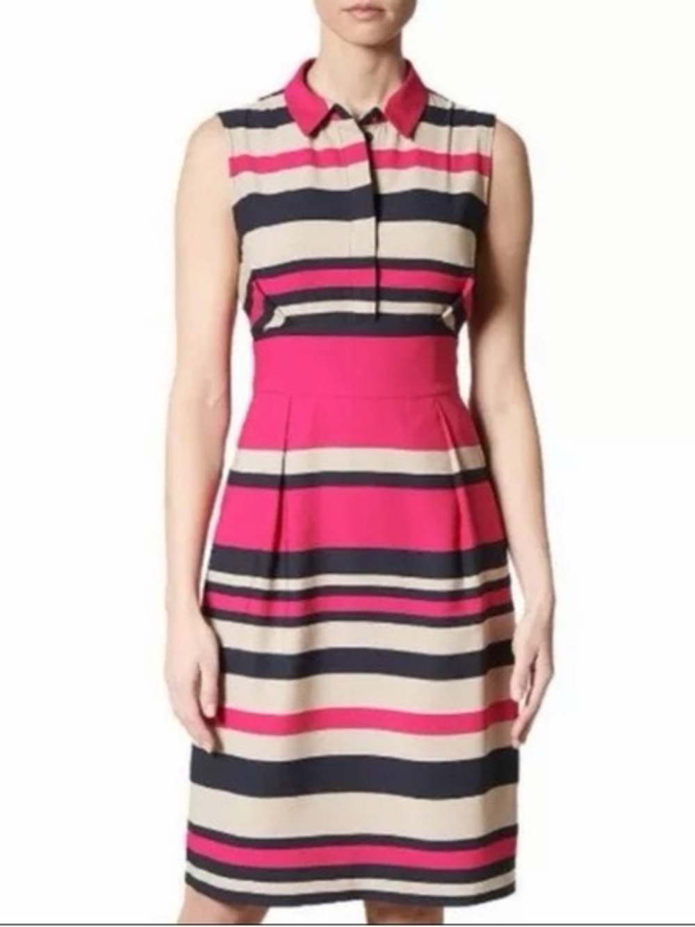 LK Bennett Sleeveless Stripe Midi Dress in Pink, Navy & Tan